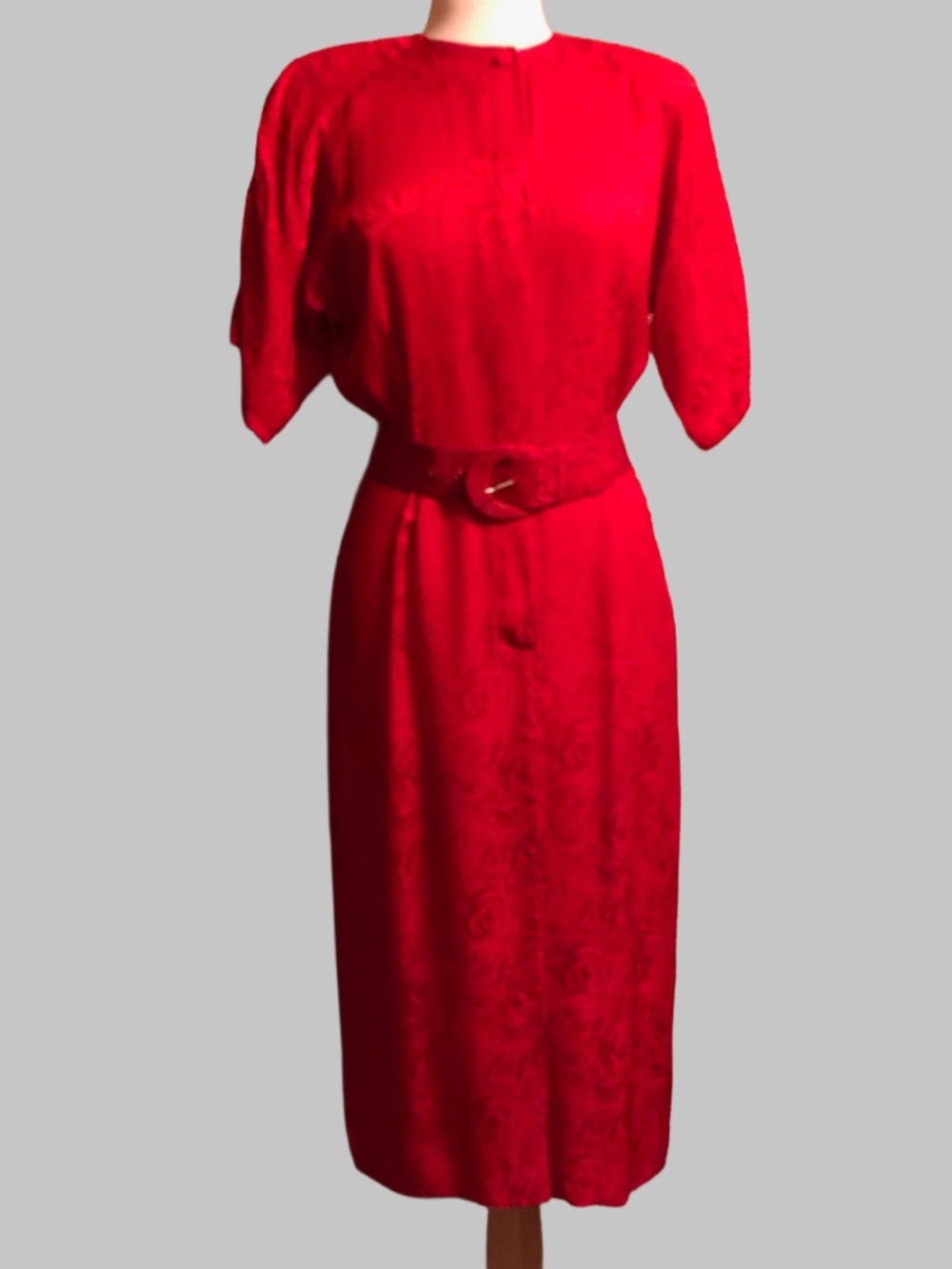 Vintage 80s Argenti Red Silk Jacquard Midi Dress - Size 6